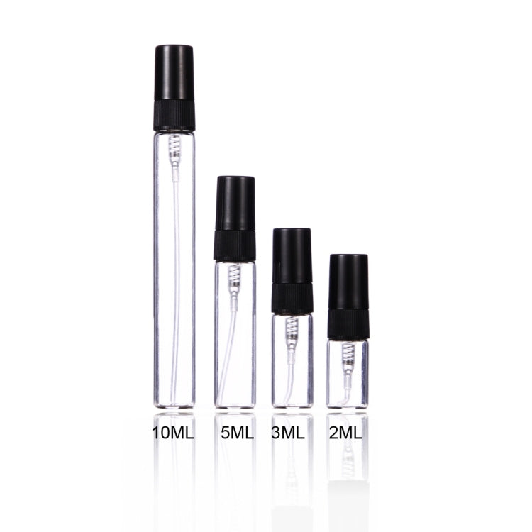 Perfume spray bottles with black nozzles and clear vials labeled 10 ml, 5 ml, 3 ml, 2 ml