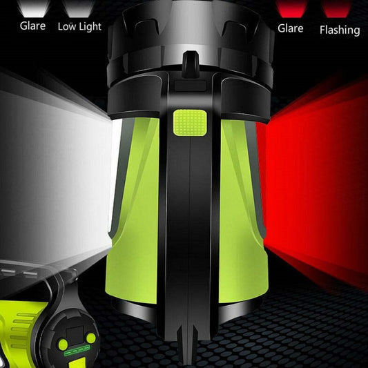 Rotating flashlight head with glowing LED panels, lime green interior and black body.
