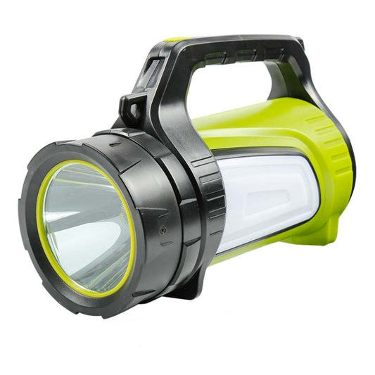 Portable waterproof searchlight flashlight, lime green and black handheld spotlight.
