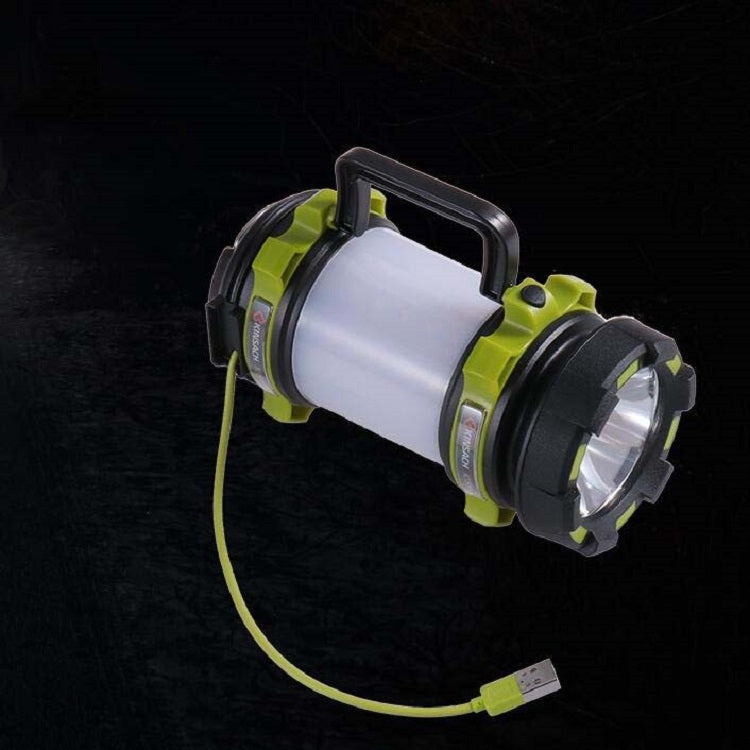Rechargeable LED flashlight with lime-green accents and attached USB charging cable