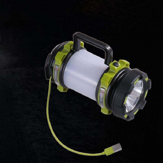 Rechargeable LED flashlight with lime-green accents and attached USB charging cable