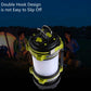 Rechargeable camping flashlight with dual top hooks, lime-green and black lantern body