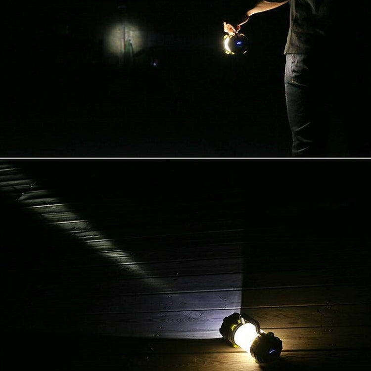 Rechargeable LED flashlight shining bright beam from lime-green and black housing