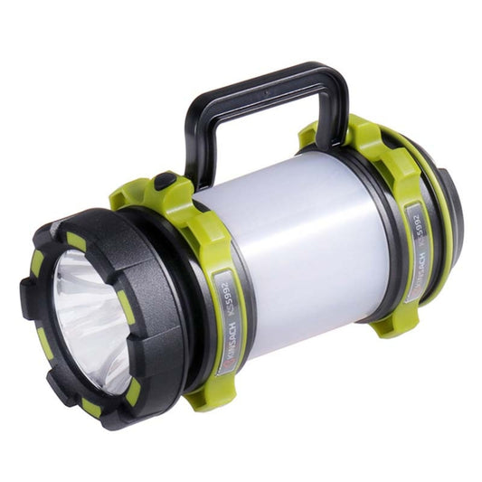 Portable LED searchlight flashlight with silver cylinder and lime-green black housing