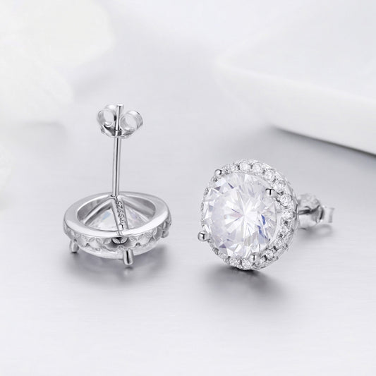 Silver CZ stud earrings with backs and round halo design