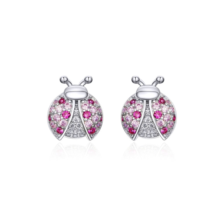 Sterling silver ladybug stud earrings with pink stones