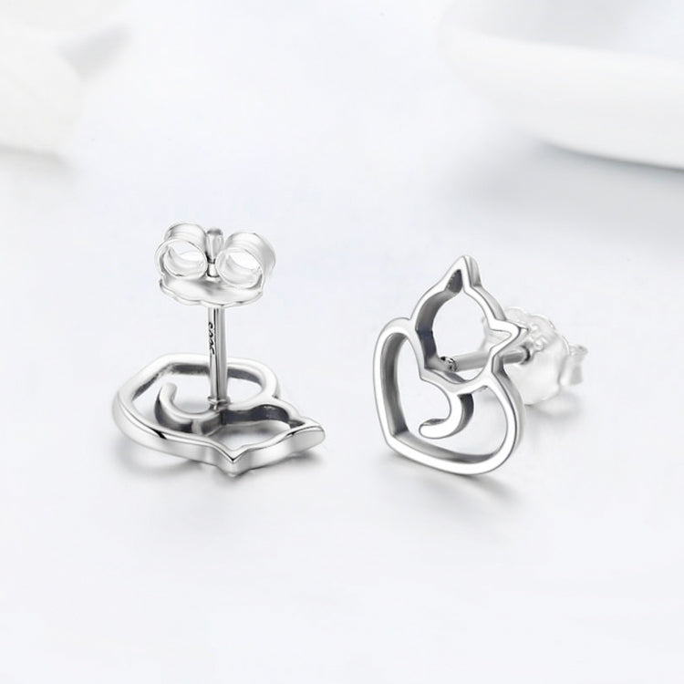 Sterling silver cat-heart stud earrings shown with matching back posts