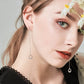 Sterling silver drop earrings on model, round crystal charms with thin chains.
