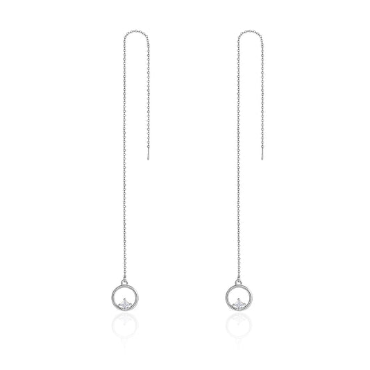 Sterling silver drop earrings with round crystal charm and thin hanging chains.