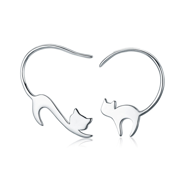 Sterling silver cat drop earrings with curved hoop-like hooks and cat silhouette