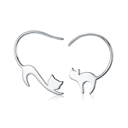 Sterling silver cat drop earrings with curved hoop-like hooks and cat silhouette