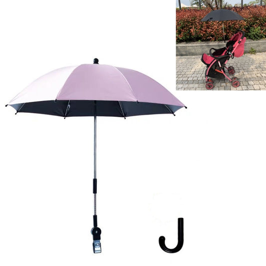 Stroller umbrella with pink-gray canopy, black pole, and U-shaped clamp clip