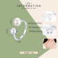 Sterling silver open ring with two round white pearl-style stones, size diagram view