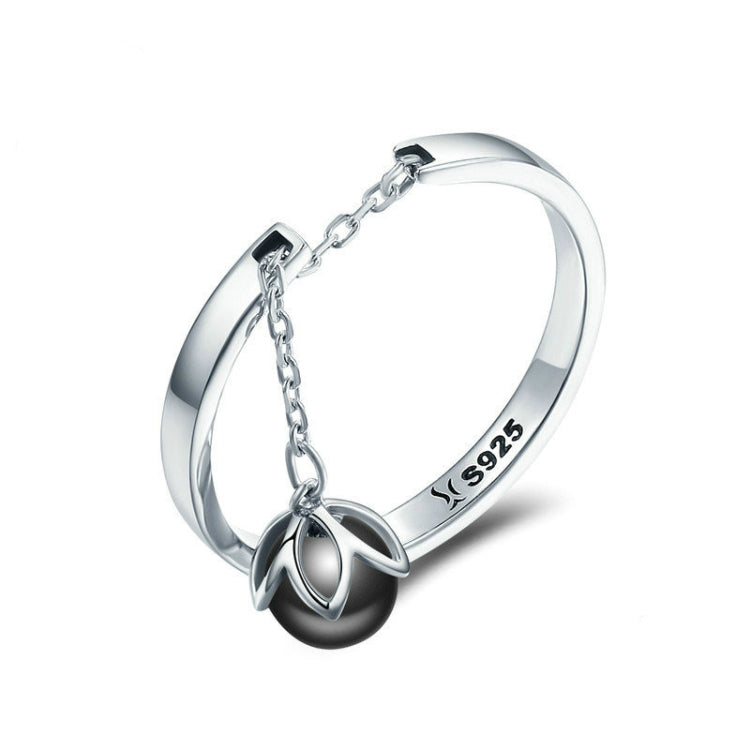 S925 sterling silver open ring with black pearl charm and chain, polished oxidized look