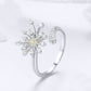 Sterling silver open cuff ring with dandelion flower, yellow center, clear CZ stones