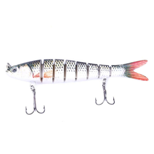 Silver white hard plastic fish lure with red tail and two treble hooks