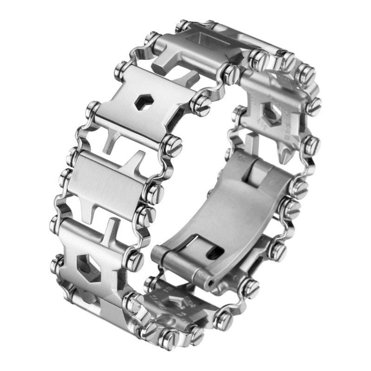 Stainless steel multifunction tool bracelet, silver-tone link design