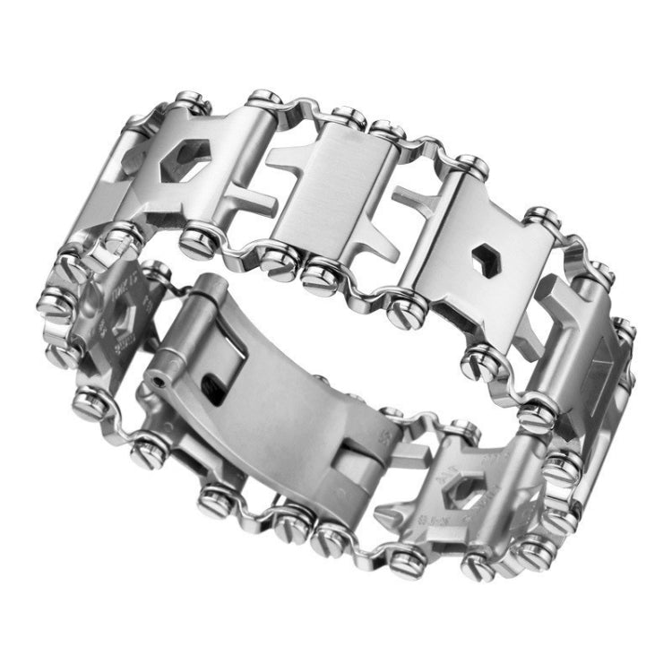 Stainless steel multifunction tool bracelet, silver-tone frame with tool modules