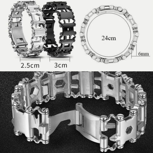 Multifunction tool bracelet set with size markings (24cm), silver and black links