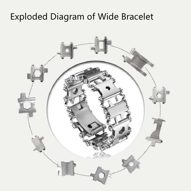 Wide multifunction tool bracelet exploded view, silver-tone components