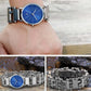 Men's wrist bracelet with blue dial watch and silver-tone tool links