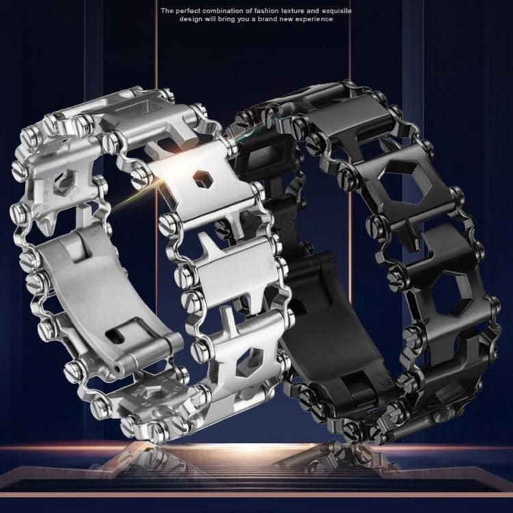 Multifunction tool bracelet duo, silver and black link modules