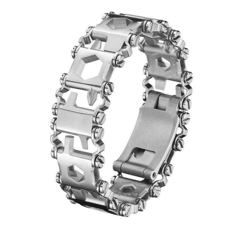 Stainless steel multifunction tool bracelet, wide silver links with hex fasteners