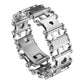 Stainless steel multifunction tool bracelet, angled view with tool-like link cutouts