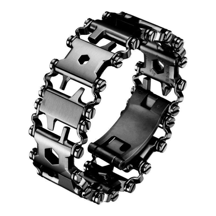 Black multifunction tool bracelet, dark metal links with tool-like cutout details
