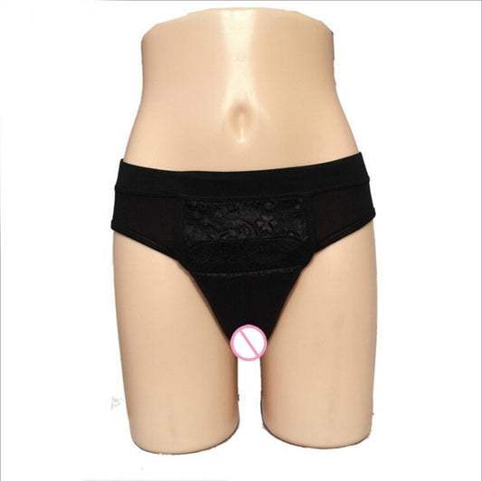 Black lace-trim briefs with front panel, shown on mannequin