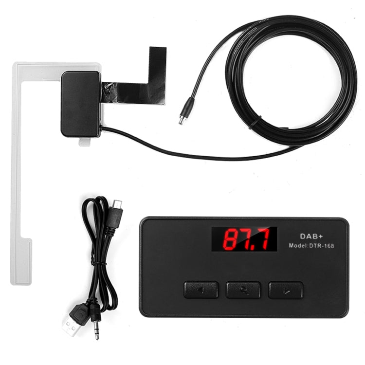 Car DAB+ receiver box with red LED display and control buttons, plus antenna and cables