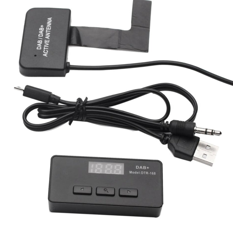 Car DAB+ receiver box with active antenna and long cable, USB plug and 3.5mm jack