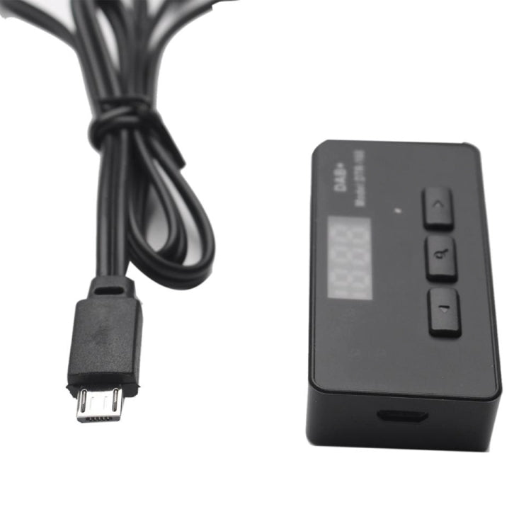 Car DAB+ receiver box with button controls and USB cable with power connector
