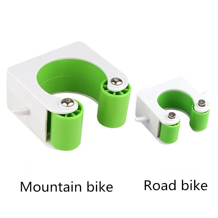 Green bicycle wall-mount parking buckle with two curved U-shaped holders and screws