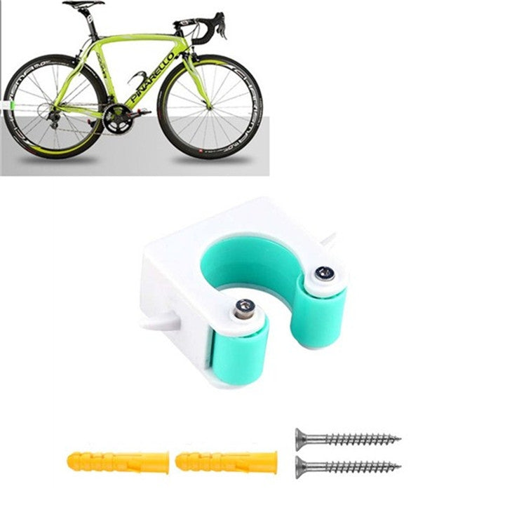 Teal bicycle wall-mount parking buckle with curved U-shaped holder and mounting screws