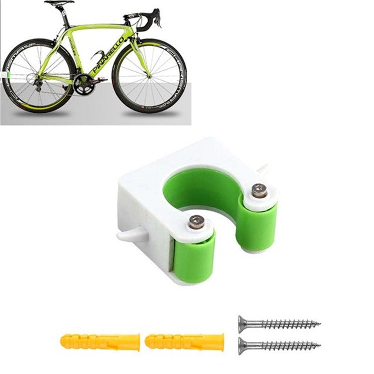 Bike wall mount parking buckle with green grips and mounting screws