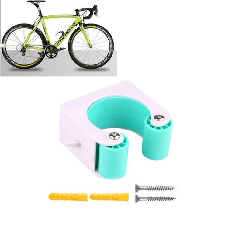 Bike wall mount parking buckle with teal grips and mounting screws