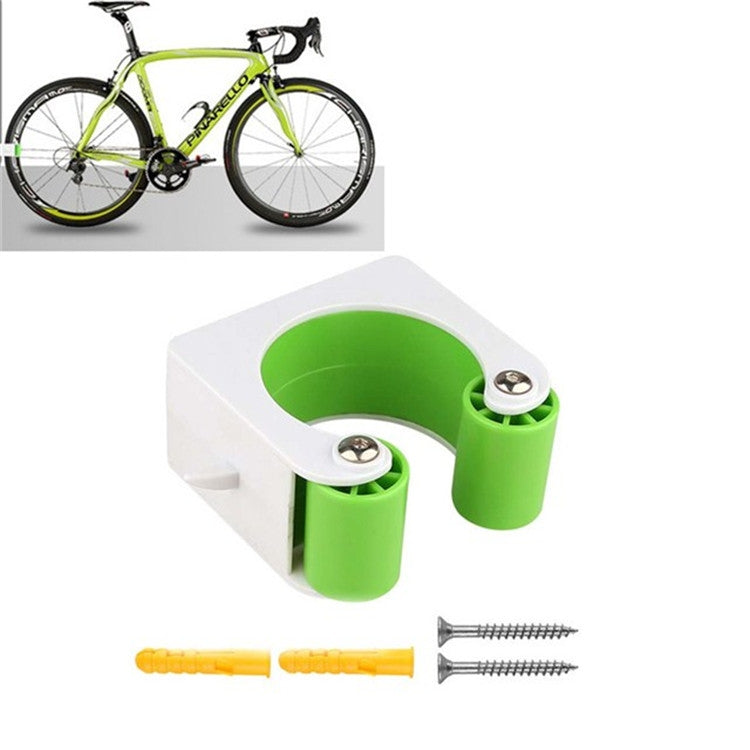 Bike wall mount parking buckle with two green padded hooks and mounting screws