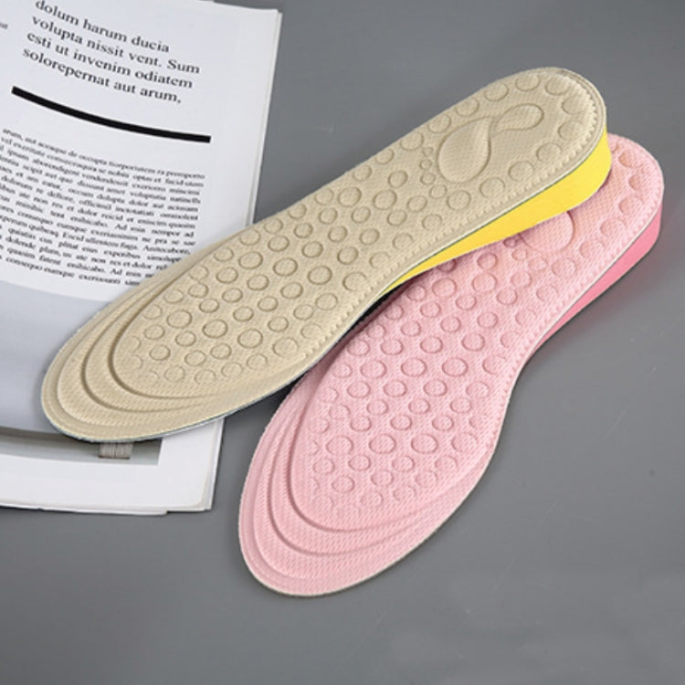 Beige and pink EVA heightening insoles with yellow lift layer and textured footbed.