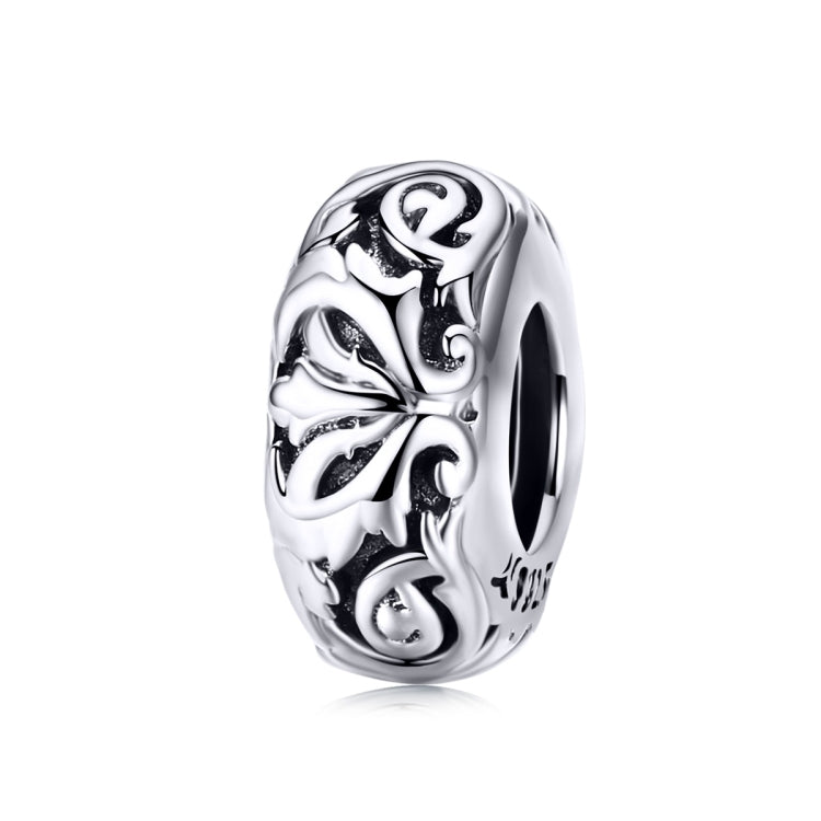 Sterling silver flower-pattern bead with oxidized swirl details, hollow design