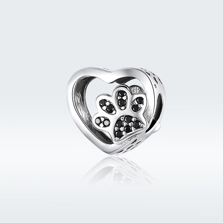 Sterling silver heart charm bead with black paw print zircon accent