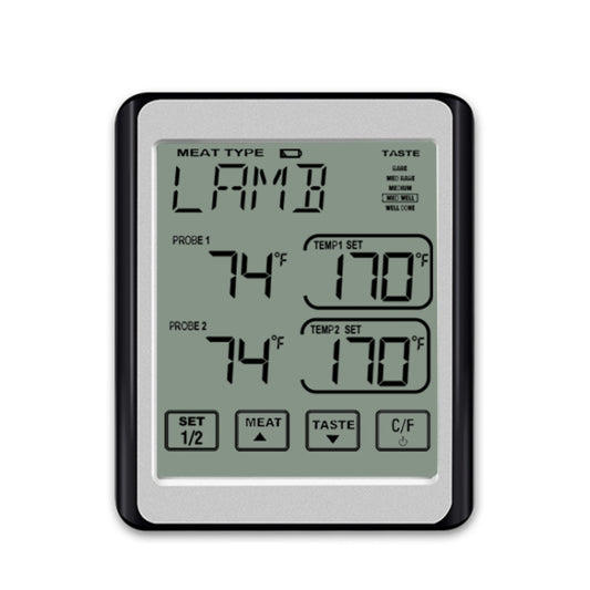 Dual-probe smart grill thermometer with backlit LCD showing probe 1 and probe 2 temps