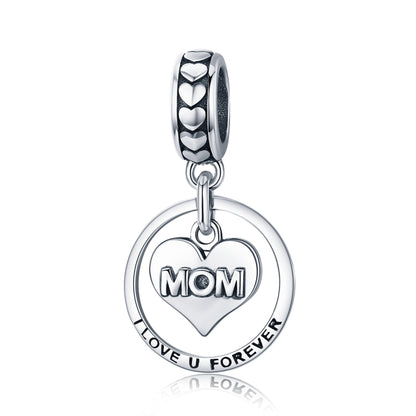 Sterling silver charm bead with heart hearts and round "MOM" pendant, love forever ring