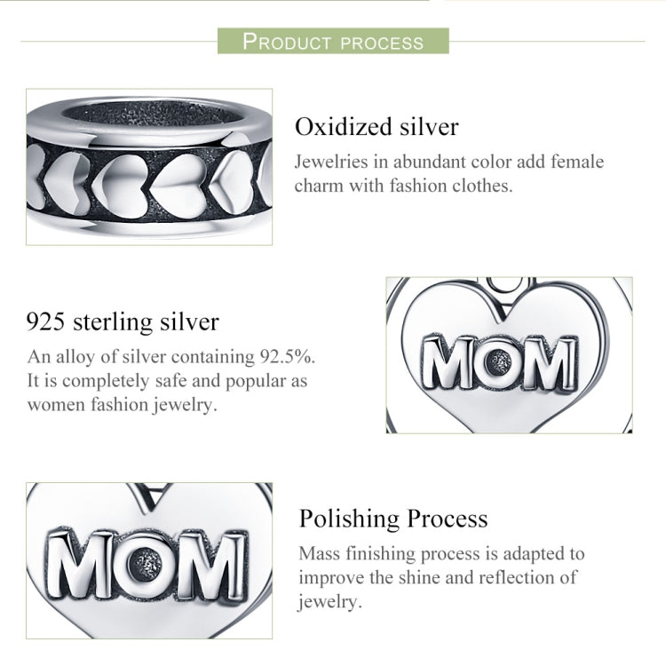 Sterling silver bead charm detail showing heart motif and "925" silver process graphic