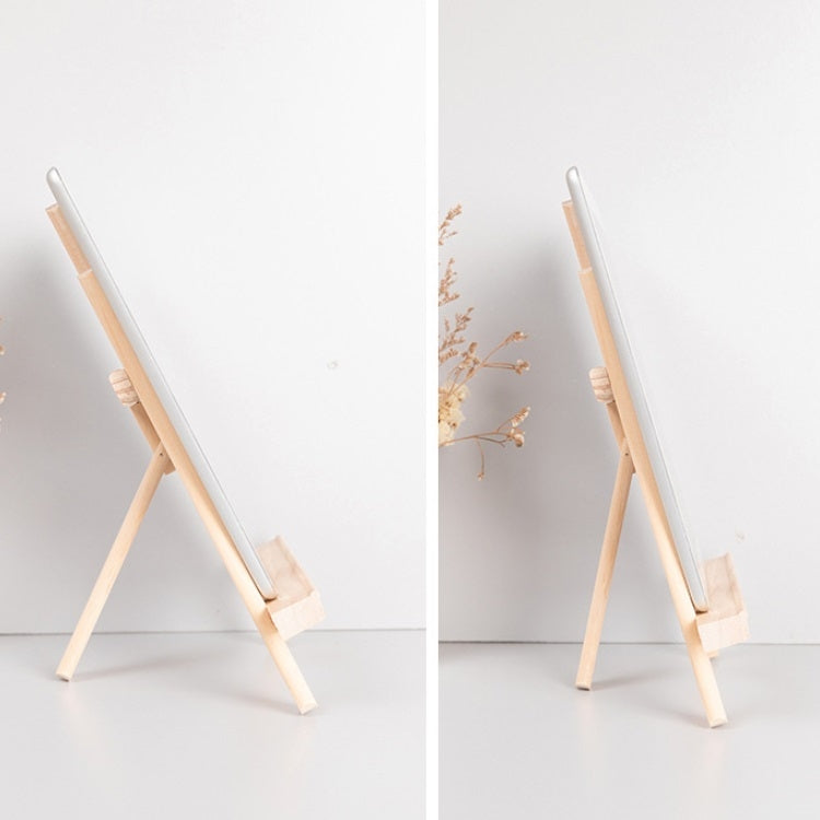 Two-angle view of folding wooden easel stand for tablets and phones