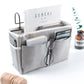 Hanging storage bag with open top compartments and eyeglasses-style pocket holder
