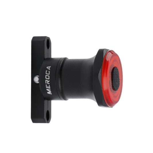 Black bike brake tail light with red lens and mounting bracket, MEROCA.