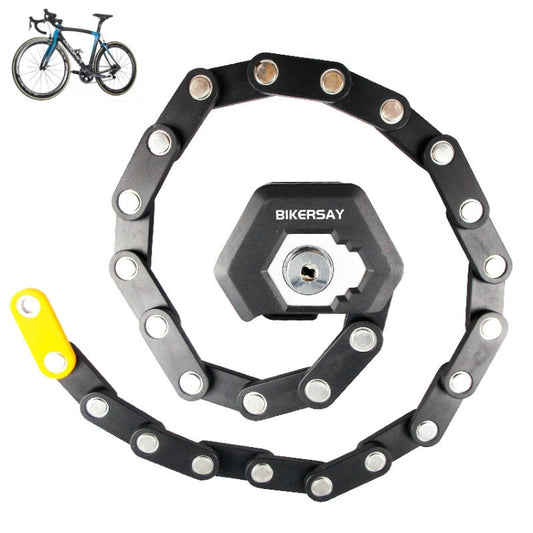 Folding bicycle chain lock with black links and metal lock head, anti-theft design