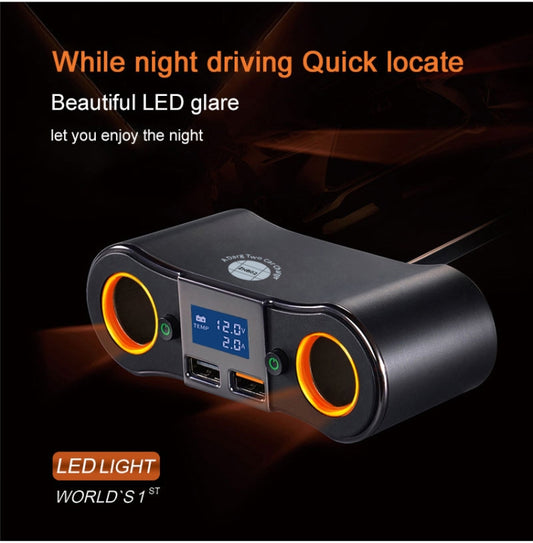 Dual USB car charger with blue LED screen and orange ring cigarette-lighter end ports