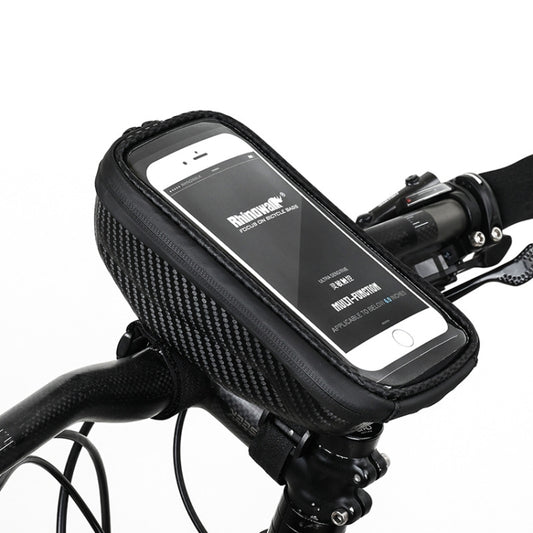 Hard shell handlebar phone bag with touch-screen window, mounted on bike handlebar